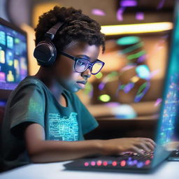 A young boy immersed in coding, building a vibrant and complex metaverse on his computer screen