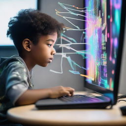 A young boy immersed in coding, building a vibrant and complex metaverse on his computer screen