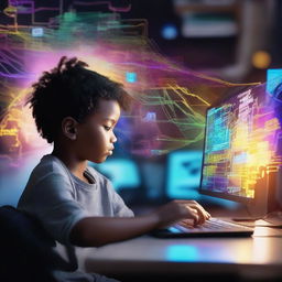 A young boy immersed in coding, building a vibrant and complex metaverse on his computer screen