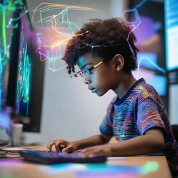 A young boy immersed in coding, building a vibrant and complex metaverse on his computer screen