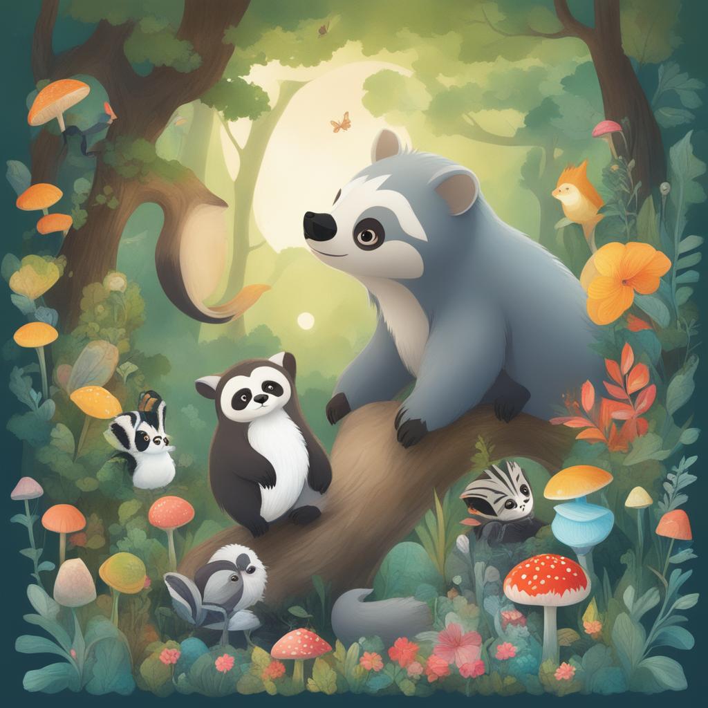 A digital art piece featuring a serene forest scene with a variety of animals including a sloth, skunk, raccoon, zebra, dolphin, and owl