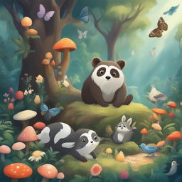 A digital art piece featuring a serene forest scene with a variety of animals including a sloth, skunk, raccoon, zebra, dolphin, and owl
