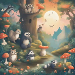 A digital art piece featuring a serene forest scene with a variety of animals including a sloth, skunk, raccoon, zebra, dolphin, and owl