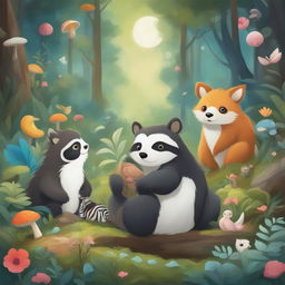 A digital art piece featuring a serene forest scene with a variety of animals including a sloth, skunk, raccoon, zebra, dolphin, and owl
