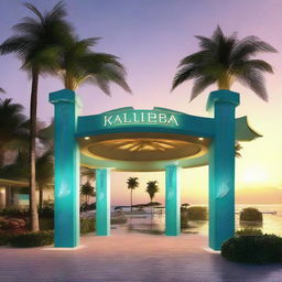 Artistic representation of the Kaliibba resort entrance during sunset, palm trees on the sides, aquamarine sea in the distance, and welcoming resort lights