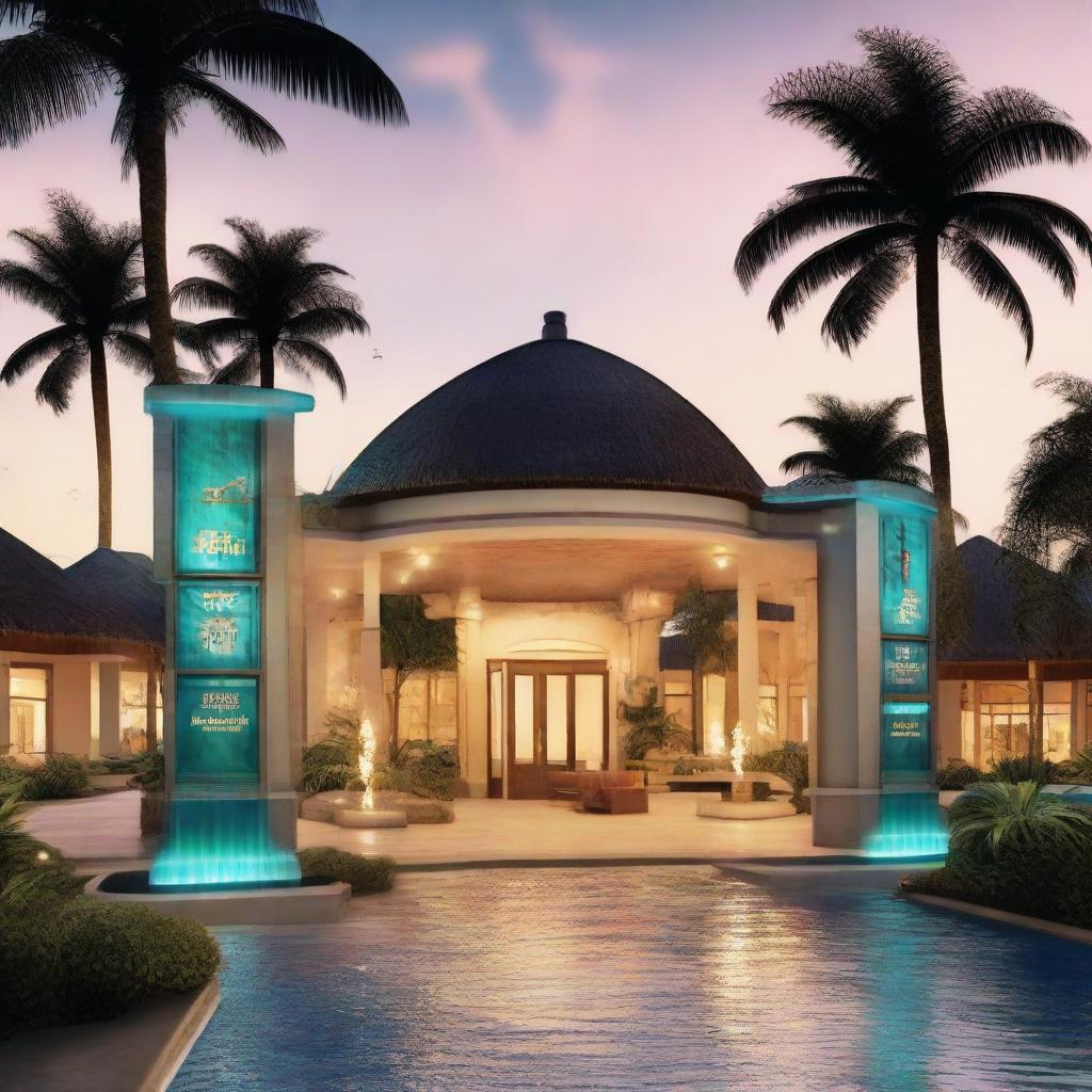 Artistic representation of the Kaliibba resort entrance during sunset, palm trees on the sides, aquamarine sea in the distance, and welcoming resort lights