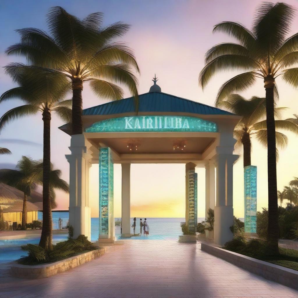 Artistic representation of the Kaliibba resort entrance during sunset, palm trees on the sides, aquamarine sea in the distance, and welcoming resort lights