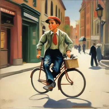 The painting depicted a paperboy riding his bicycle through the city streets.