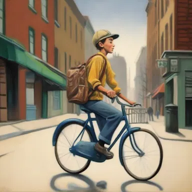 The painting depicted a paperboy riding his bicycle through the city streets.