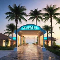 Artistic representation of the Kaliibba resort entrance during sunset, palm trees on the sides, aquamarine sea in the distance, and welcoming resort lights