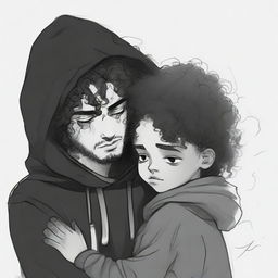 An individual alone in sorrow, wearing a black hoodie, with curly hair and a scar over the left eyebrow, mourning his sadness while cradling a young girl, as they head down Rana Jimmy's path of life.