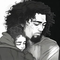 An individual alone in sorrow, wearing a black hoodie, with curly hair and a scar over the left eyebrow, mourning his sadness while cradling a young girl, as they head down Rana Jimmy's path of life.