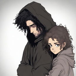 An individual alone in sorrow, wearing a black hoodie, with curly hair and a scar over the left eyebrow, mourning his sadness while cradling a young girl, as they head down Rana Jimmy's path of life.