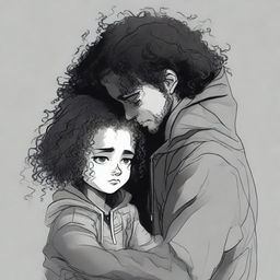 An individual alone in sorrow, wearing a black hoodie, with curly hair and a scar over the left eyebrow, mourning his sadness while cradling a young girl, as they head down Rana Jimmy's path of life.