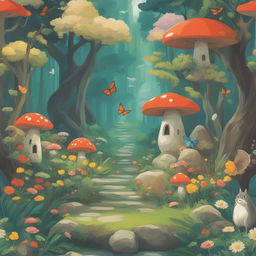 A tranquil forest scene in the style of Studio Ghibli, featuring a variety of animals, mushrooms, vibrant flowers, two butterflies, and stone lanterns