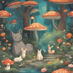 A tranquil forest scene in the style of Studio Ghibli, featuring a variety of animals, mushrooms, vibrant flowers, two butterflies, and stone lanterns