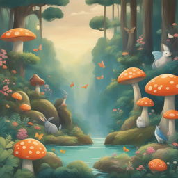 A tranquil forest scene in the style of Studio Ghibli, featuring a variety of animals, mushrooms, vibrant flowers, two butterflies, and stone lanterns