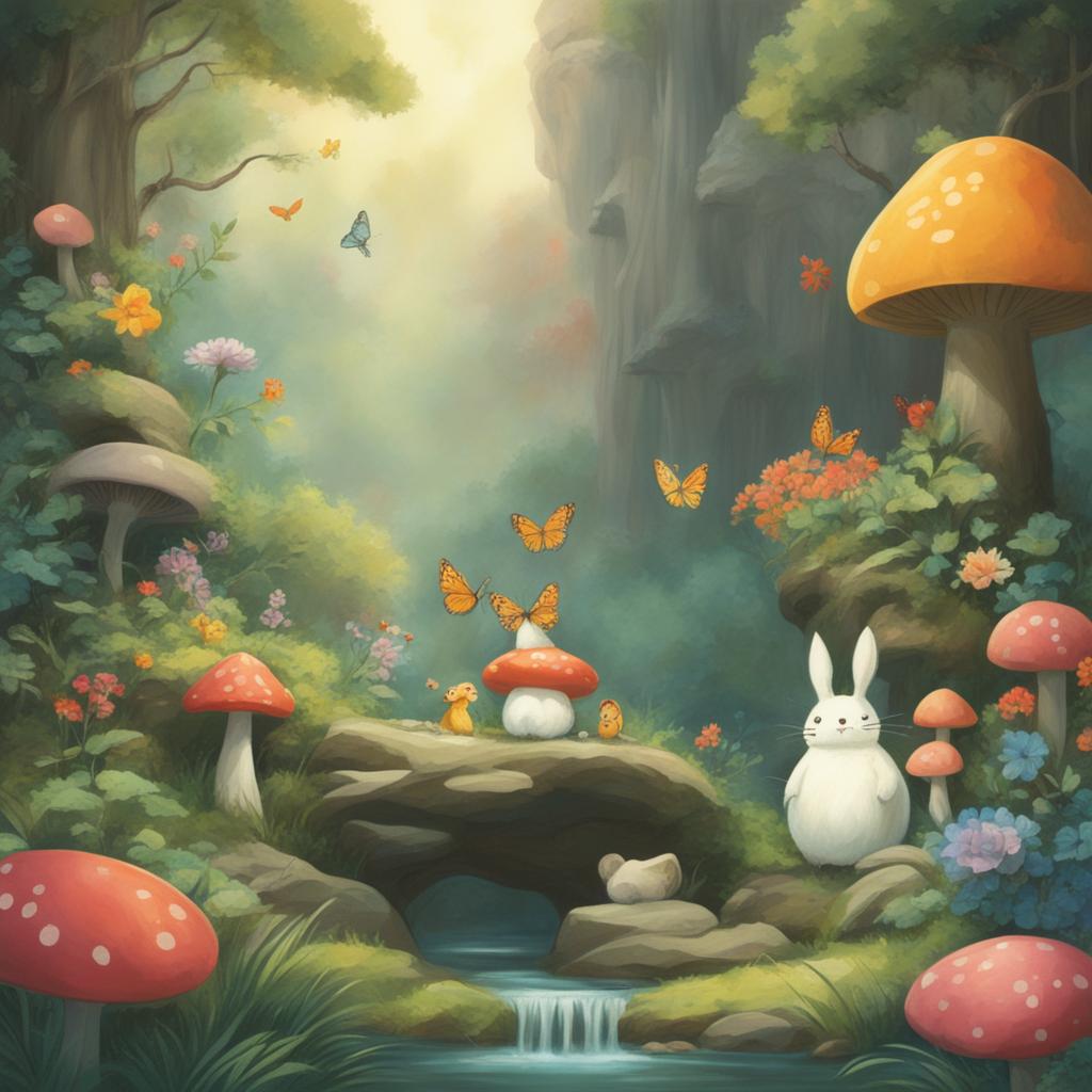 A tranquil forest scene in the style of Studio Ghibli, featuring a variety of animals, mushrooms, vibrant flowers, two butterflies, and stone lanterns