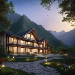 Artistic visualization of the Kali Tibba resort at dusk, surrounded by lush greenery, towering mountains in the backdrop, and warmly lit entrance