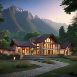 Artistic visualization of the Kali Tibba resort at dusk, surrounded by lush greenery, towering mountains in the backdrop, and warmly lit entrance