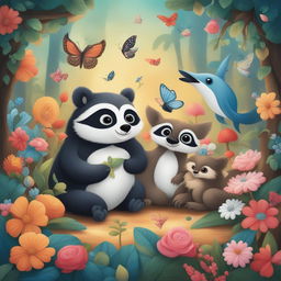 A digital art piece featuring a serene woodland scene filled with various creatures including a sloth, skunk, raccoon, zebra, owl, and dolphin
