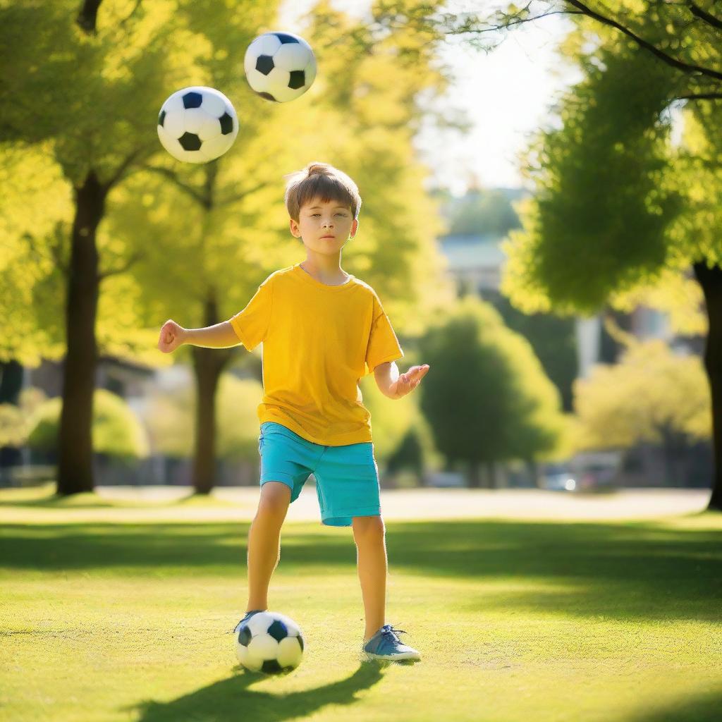 A young boy skillfully juggling a bright soccer ball in a sunny park