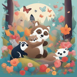 A digital art piece featuring a serene woodland scene filled with various creatures including a sloth, skunk, raccoon, zebra, owl, and dolphin