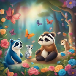 A digital art piece featuring a serene woodland scene filled with various creatures including a sloth, skunk, raccoon, zebra, owl, and dolphin