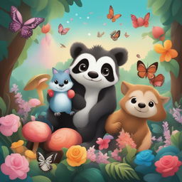 A digital art piece featuring a serene woodland scene filled with various creatures including a sloth, skunk, raccoon, zebra, owl, and dolphin
