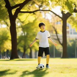 A young boy skillfully juggling a bright soccer ball in a sunny park