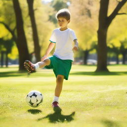 A young boy skillfully juggling a bright soccer ball in a sunny park