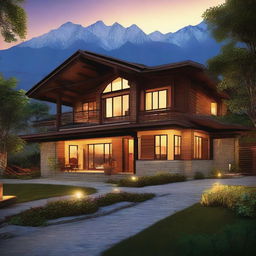 Vivid illustration of the Kali Tibba resort, featuring a welcoming warm glow from the resort, lush surrounding mountains, and an inviting entrance