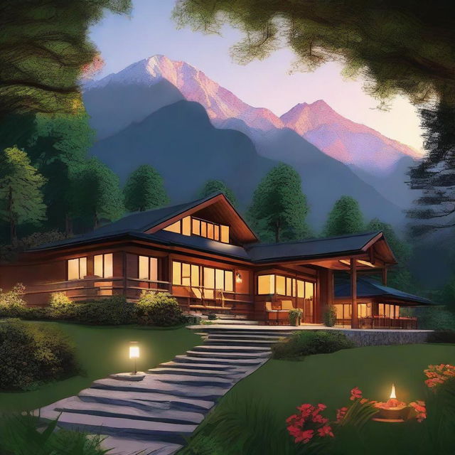 Vivid illustration of the Kali Tibba resort, featuring a welcoming warm glow from the resort, lush surrounding mountains, and an inviting entrance