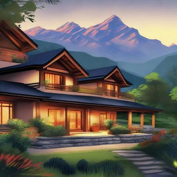 Vivid illustration of the Kali Tibba resort, featuring a welcoming warm glow from the resort, lush surrounding mountains, and an inviting entrance