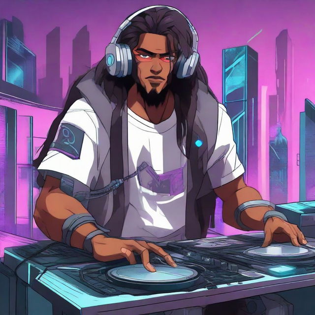 Anime style illustration of a Brazilian DJ with long hair in a futuristic cyberpunk era. One of his arms is a cybernetic implant, staged in an Overwatch-inspired environment.