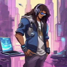 Anime style illustration of a Brazilian DJ with long hair in a futuristic cyberpunk era. One of his arms is a cybernetic implant, staged in an Overwatch-inspired environment.