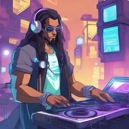 Anime style illustration of a Brazilian DJ with long hair in a futuristic cyberpunk era. One of his arms is a cybernetic implant, staged in an Overwatch-inspired environment.