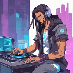 Anime style illustration of a Brazilian DJ with long hair in a futuristic cyberpunk era. One of his arms is a cybernetic implant, staged in an Overwatch-inspired environment.