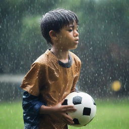 A young boy freestyling with a soccer ball under the pouring rain, water droplets splashing around