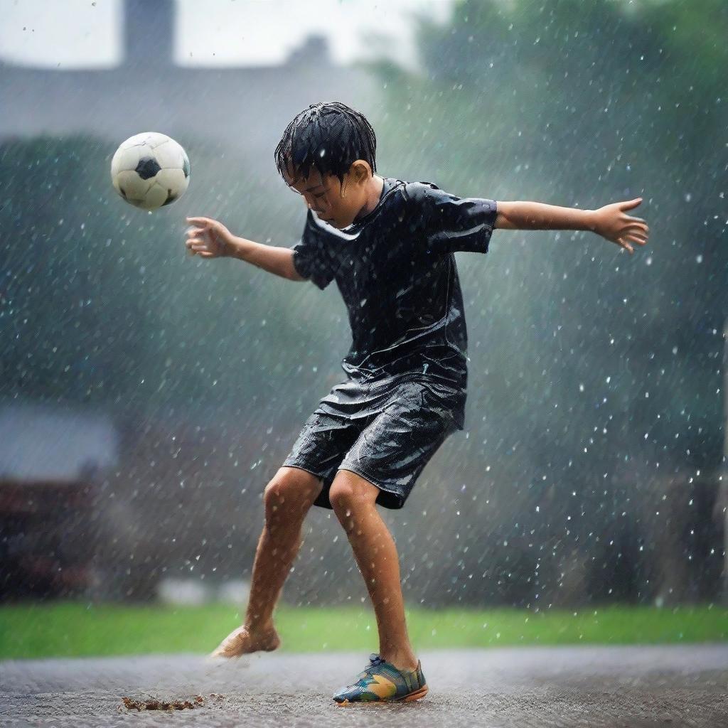 A young boy freestyling with a soccer ball under the pouring rain, water droplets splashing around