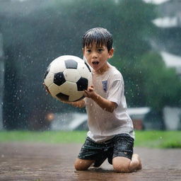 A young boy freestyling with a soccer ball under the pouring rain, water droplets splashing around