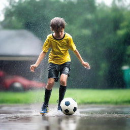 A young boy freestyling with a soccer ball under the pouring rain, water droplets splashing around