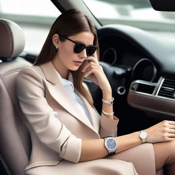 A fashionable girl seated comfortably in a Range Rover, using her sleek, modern mobile phone while simultaneously glancing at her luxury wristwatch.