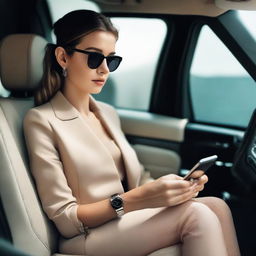 A fashionable girl seated comfortably in a Range Rover, using her sleek, modern mobile phone while simultaneously glancing at her luxury wristwatch.