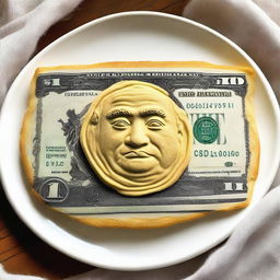 A fluffy, golden-brown pancake shaped like a detailed $1 bill