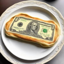 A fluffy, golden-brown pancake shaped like a detailed $1 bill