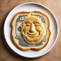 A fluffy, golden-brown pancake meticulously shaped in the form of a $1 bill