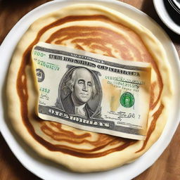 A fluffy, golden-brown pancake meticulously shaped in the form of a $1 bill