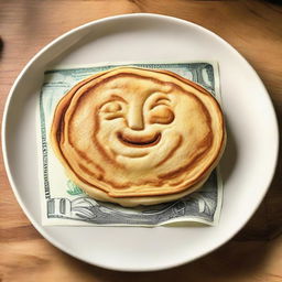 A fluffy, golden-brown pancake meticulously shaped in the form of a $1 bill