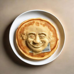 A fluffy, golden-brown pancake meticulously shaped in the form of a $1 bill